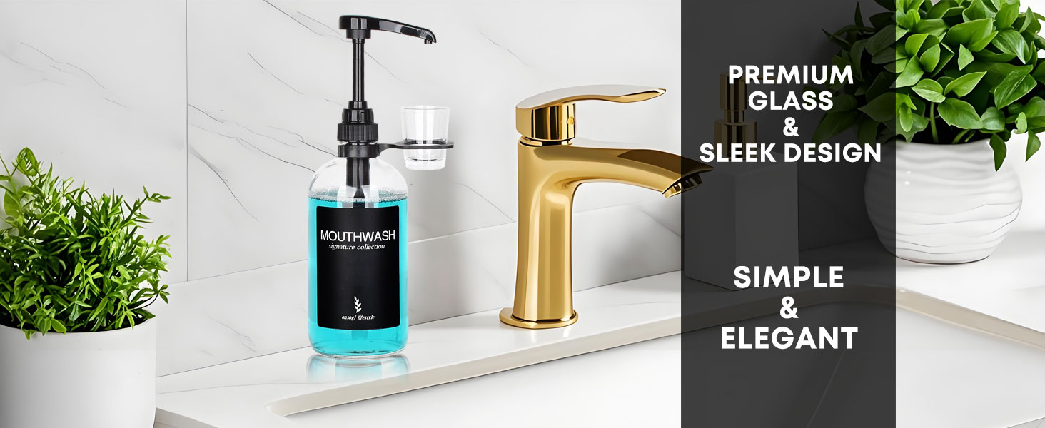 Onsogi Glass Mouthwash Dispenser with Cup Holder and Pump