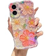 XIZYO Case for iPhone 16, Colorful Retro Oil Painting Flower Cute Floral Aesthetic Curly Wave Fra...