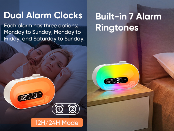 white noise machine alarm clock supports dual alarm and has 7 built in pleasant wake up alarms