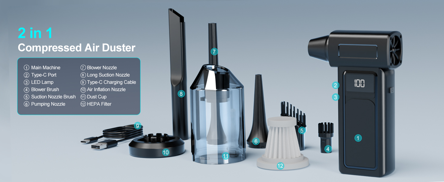 Car Vacuum Portable Cordless Electric Compressed Air Duster 2-in-1 Handheld Rechargeable Air Blower