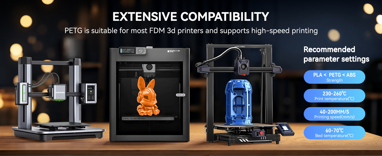 3D printer setup showcasing multiple printers. Text highlights 'Extensive Compatibility' and shows icons for various compatible materials and features.