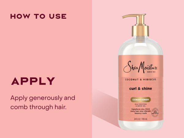 Image of the SheaMoisture Curl &amp; Shine Conditioner pump bottle, next to applying instructions.