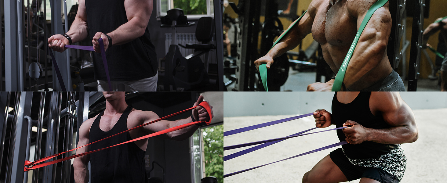 Resistance bands being used for strength training. Multiple people demonstrating exercises with colored elastic bands attached to gym equipment.