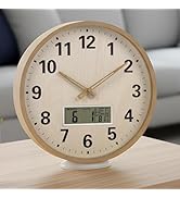 zyzamay 12 Inch Modern Light Brown Wood Grain Indoor/Oudoor Wall Clock with LCD Display Thermomet...