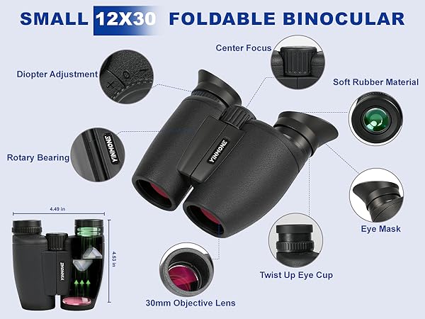 YINMONE 12X30 Small Handheld Binocular for Kids and Adults with Phone Adapter Detachable Lens Cover