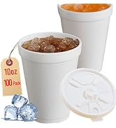 10OZ Foam Cups With Lids for Hot &amp; Cold Drinks, USA-Made 100-Pack - Ideal Styrofoam Coffee Cups, ...