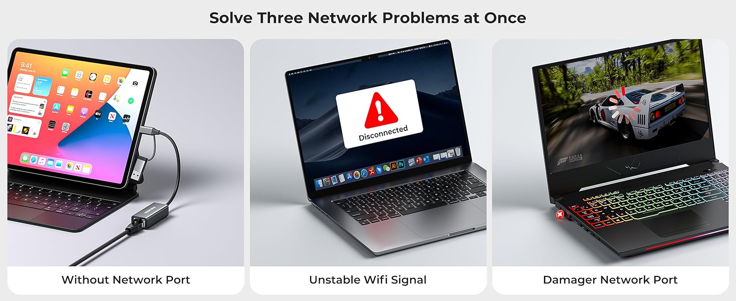 ethernet adapter Solves issues with no built-in Ethernet, damaged LAN ports, or unstable WiFi