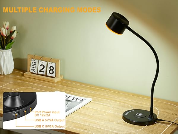 LED Desk Lamp with USB Charging Port Wireless Charger Small Lamp for College Dorm Room Home Office