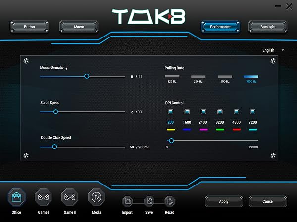 Mouse Sensitivity/Scroll Speed/Double Click Speed/Poling Rate/DPI Control