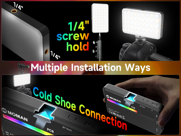 Camera mounting system display showing multiple installation options including 1/4" screw mount and cold shoe connection with LED lighting accessories.