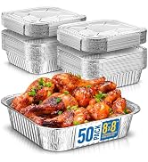 8x8 Disposable Aluminum Pans With Lids - 50 Pack Foil Pans For Cooking, Baking Cakes, Roasting &amp; ...