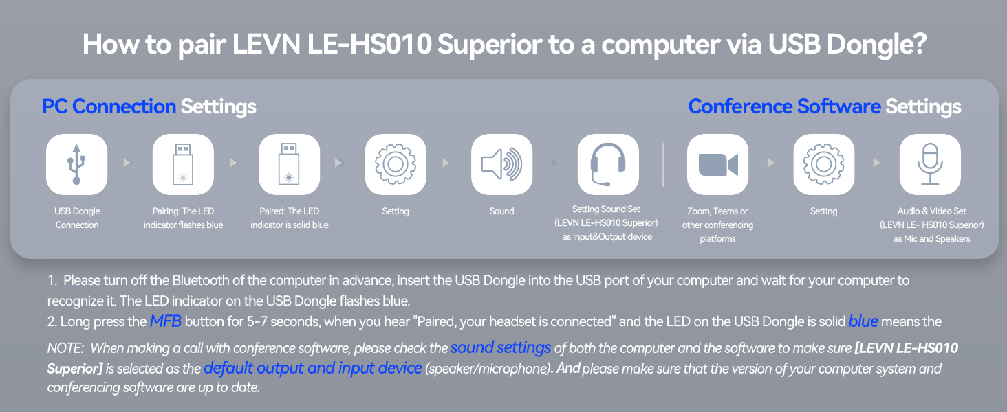 Pair LEVN LE-HS010 Superior to a computer via USB Dongle