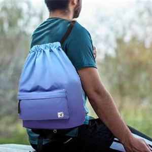 A blue gradient fashion backpack being carried by men