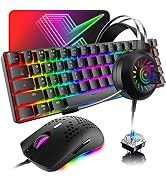 60% Mechanical Gaming Keyboard and Mouse and Mouse pad and Gaming Headset,4 in 1 Wired 68 Keys LE...