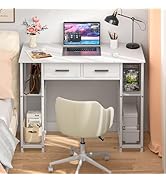 DAOUTIME White Computer Desk with Drawers, 37.3 Inch Home Office Work Desk with Storage Shelf, Ki...