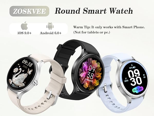 Text reads 'ZOSKVEE Round Smart Watch' and 'Warm Tip: It only works with Smart Phone (Not for tablets or pc)'. Multiple views of round smartwatch with digital displays showing different watch faces and color variants.