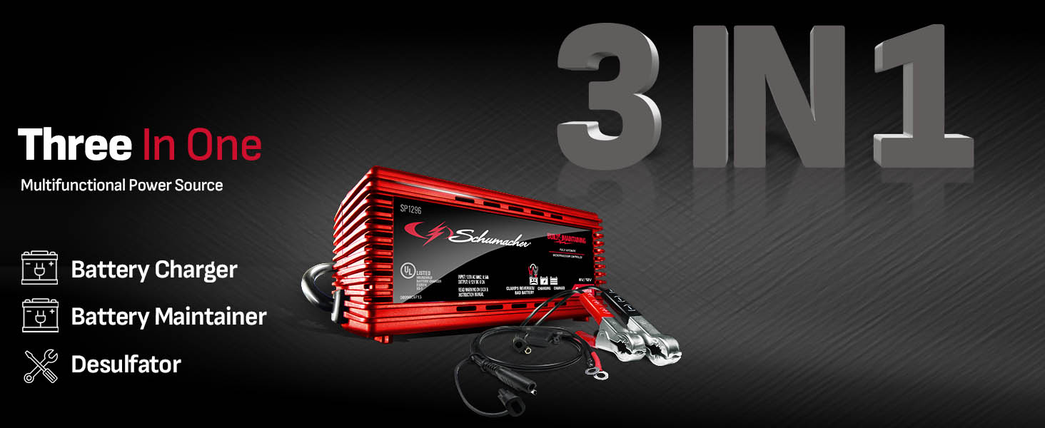 3 functions in 1 device: Car battery charger, battery maintainer, and desulfator.