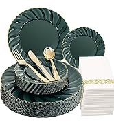 YOUBET 150PCS Green Plastic Plates with Gold Rim- Green Plates Include 25 Dinner Plates, 25 Salad...