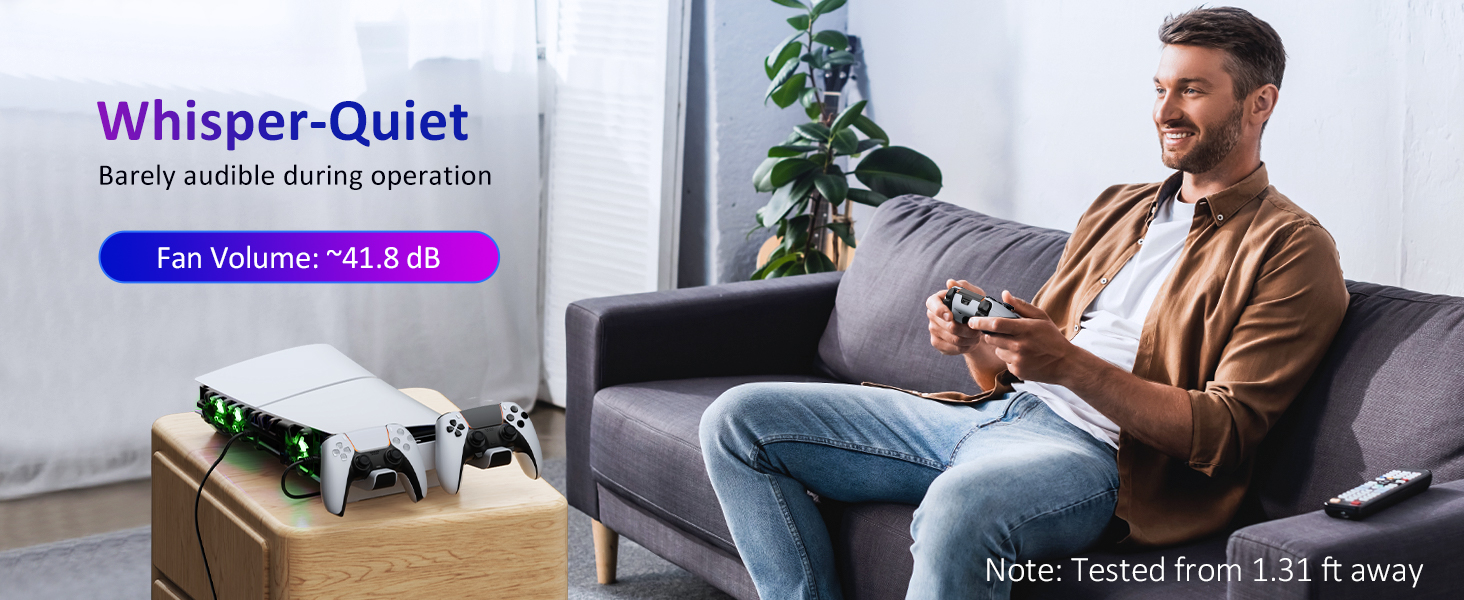 A man is sitting on the sofa playing games, and the product produces almost no sound.