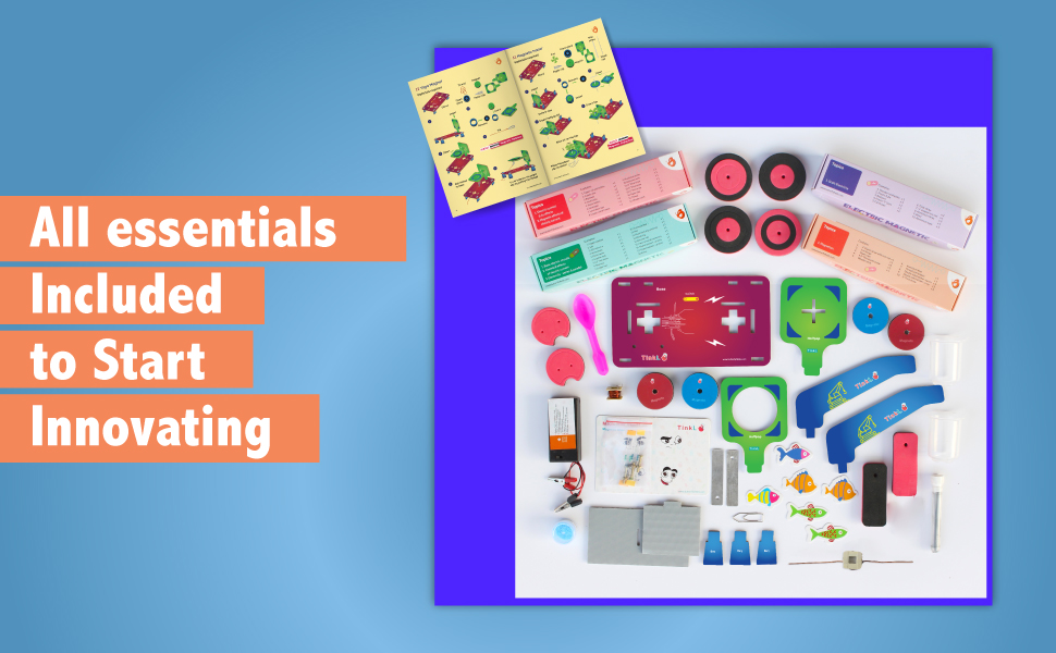 Assorted electronic components and tools laid out on a purple background, including circuit boards, buttons, wires, and various plastic parts. Text states 'All essentials Included to Start Innovating'.