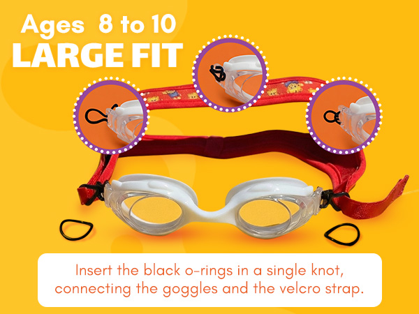 Daniel's Tiger swim goggle strap adjusted for a large fit for kids ages 8 to 10