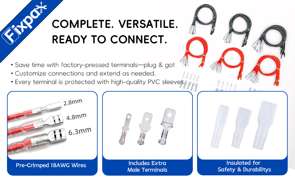 18AWG speaker wire connector, spade terminal wire kit, pre-crimped female connectors, insulated
