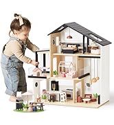 Tiny Land Doll House, Modern Family Dollhouse with Realistic Design, Wooden Dollhouse with 53Pcs ...