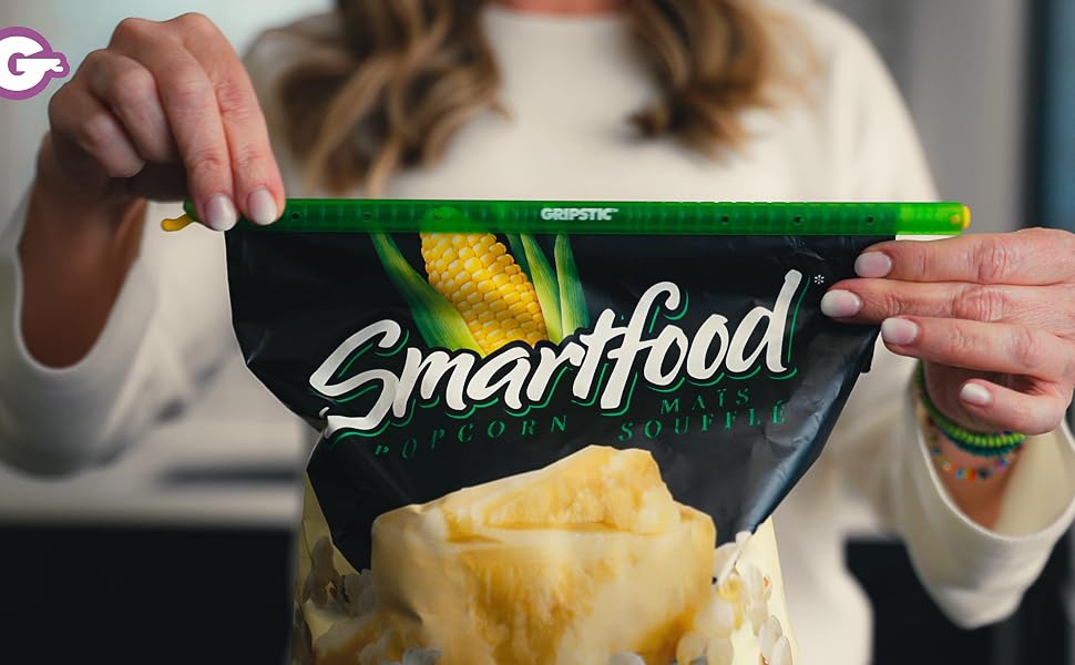 Green GripStic on a bag of popcorn
