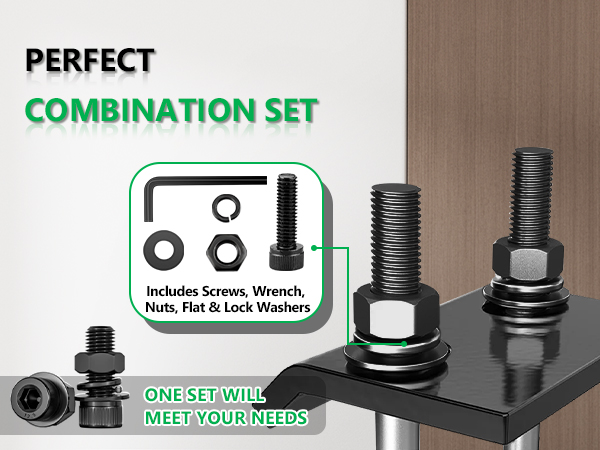 Hardware combination set featuring black metal screws, nuts, washers and hex wrench displayed on a dark surface with wooden background.