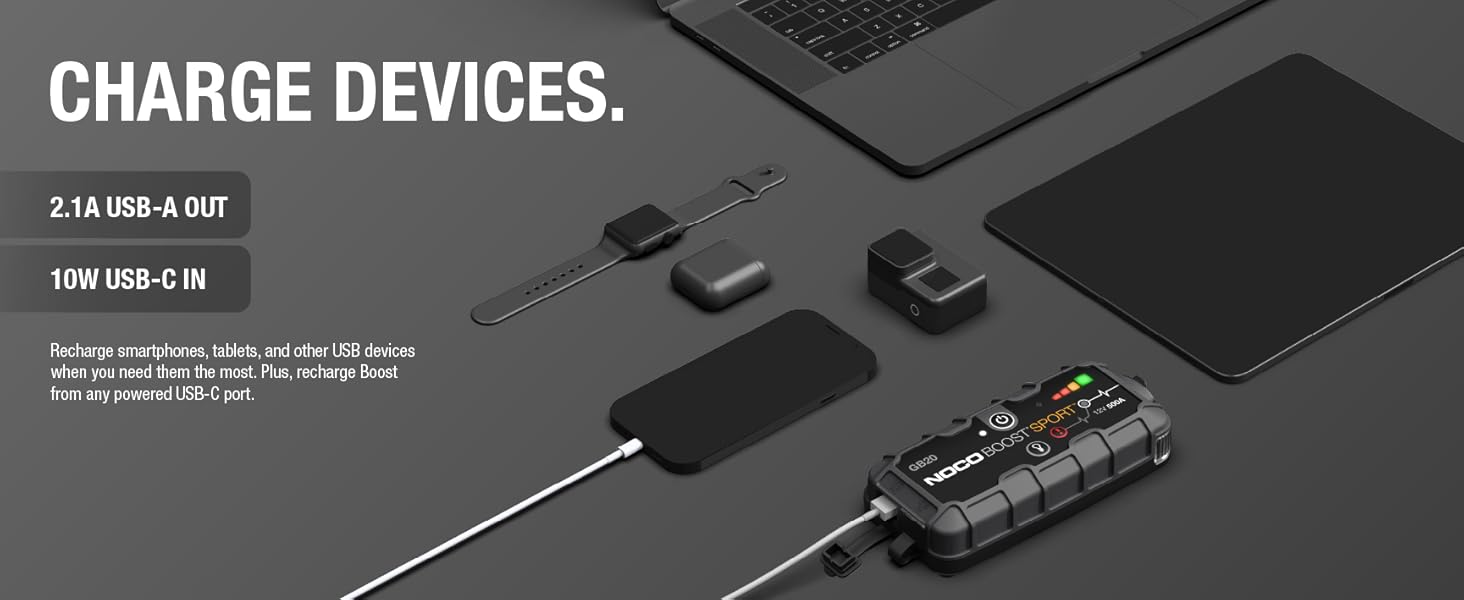 Charge devices. 2.1A USB in and out charging for any mobile devices.