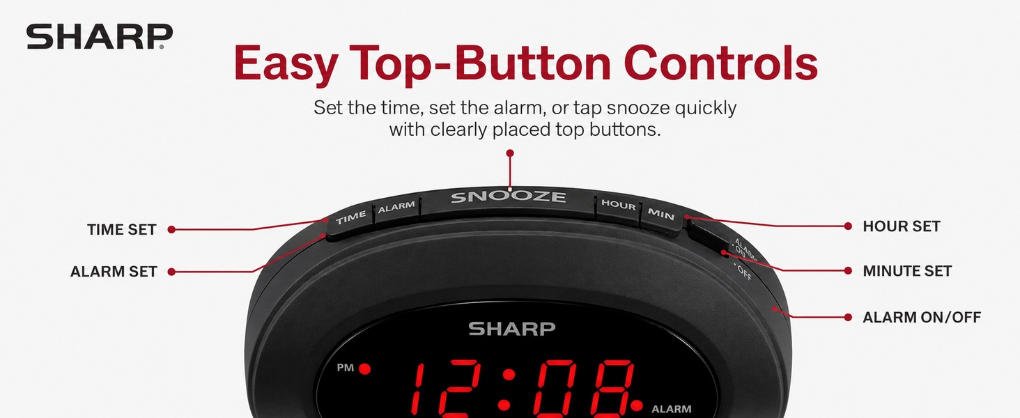 Digital alarm clock with large display, snooze and adjustable brightness for bedroom nightstand