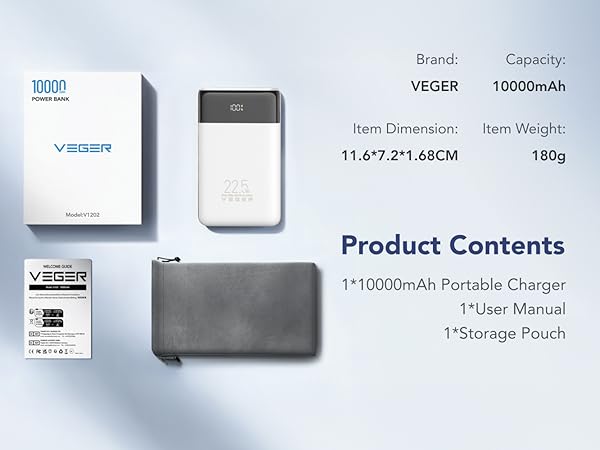 Item Dimension: 11.6*7.2*1.68cm Capacity: 10000mAh Item Weight: 180g 1*Storage Pouch 1*User Manual