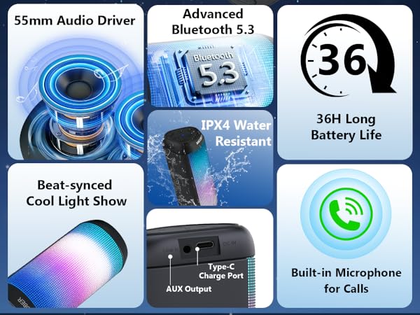 Big audio driver with clear stereo loud sound, BT5.3, IPX4, LED light, with mic calling, 36H