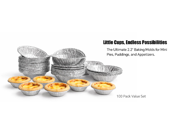 Mini aluminum foil tart cups 2.2 inch baking molds for puddings 100 pack value set.
