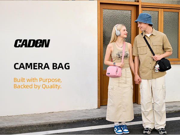 Text reads 'CADEN CAMERA BAG' and 'Built with Purpose, Backed by Quality.' Shows two people with camera bags in casual outdoor setting.