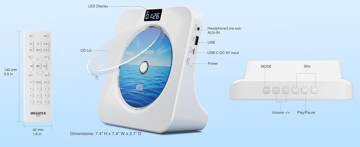 MEGATEK CP28BR Portable CD Player with Compact Desktop Design, Remote Control, On-Unit Keys