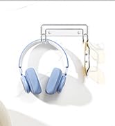 Light blue over-ear headphones with a curved metal headband. The headphones are suspended from a minimalist white stand against a plain background.