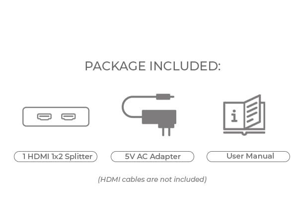 Package contents illustration for an electronic device, including HDMI 1x2 Splitter, 5V AC Adapter, and User Manual. Note states HDMI cables not included.