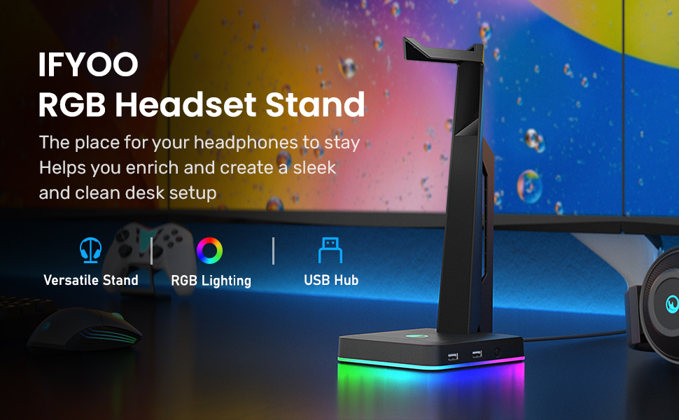 IFYOO RGB Gaming Headset Stand with 2 USB Ports, Game Headphone Mount for PC, Xbox One, PS4, Switch
