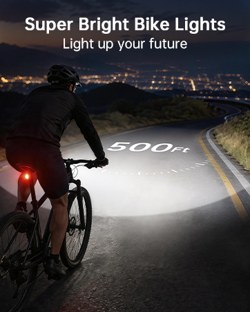 Text reads 'Super Bright Bike Lights' and 'Light up your future.' Nighttime cycling scene showing bright white light beam on road with cyclist silhouettes.