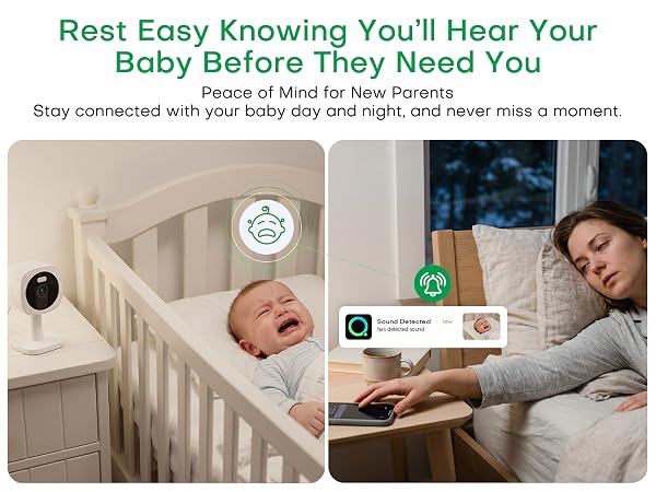 Text reads 'Rest Easy Knowing You'll Hear Your Baby Before They Need You' and 'Stay connected with your baby day and night, and never miss a moment.' Baby monitor product with display screen and charging dock shown with sleeping infant.