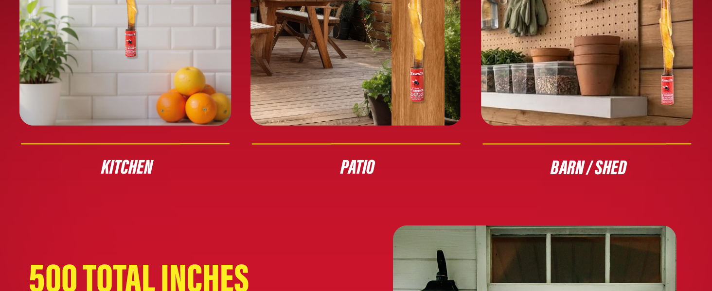 Catchmaster fly ribbon traps shown in kitchen, patio, and barn or shed settings.