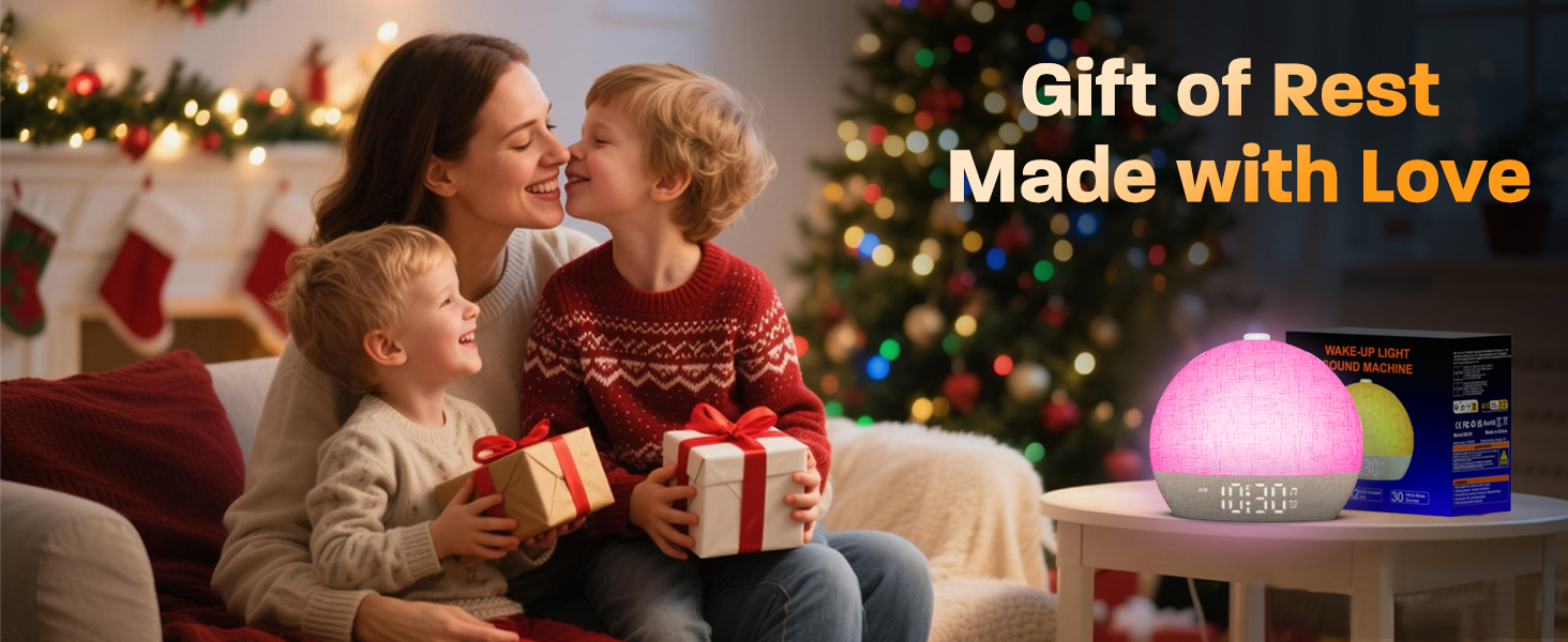 Text reads 'Gift of Rest' and 'Made with Love'. Holiday scene with wrapped presents and illuminated decorations against Christmas tree backdrop.