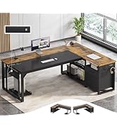 UPOSOJA 71 in Executive Desk with Power Outlets, Reversible L Shaped Desk with File Drawers &amp; Sto...