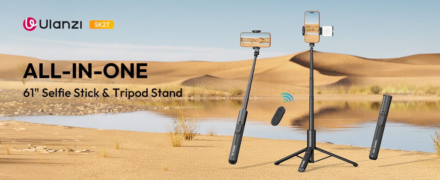 Selfie stick and tripod stand with remote, cold shoe mount allows to add camera light or microphone