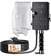SURAIELEC Outdoor Power Stake, Dusk to Dawn Light Timer, 15FT Extension Cord Multiple Outlet; 6 E...