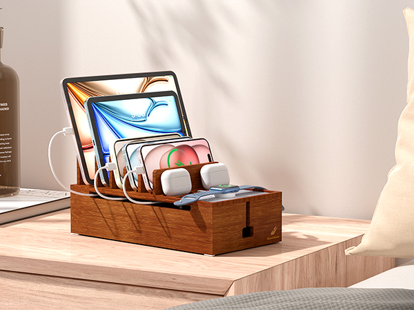 Pezin & Hulin Bamboo Charging Station Organizer for Multiple Devices Desktop Docking Charging Stand