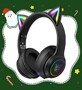 ONITOON Cat Ear Bluetooth Headphones for Kids &amp; Adults, 55H Play Time, Wireless Foldable &amp; Wired ...