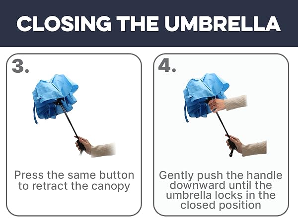 Text reads 'CLOSING THE UMBRELLA' with numbered steps: '3. Press the button to retract the canopy' and '4. Gently push the handle downward until the umbrella locks in the closed position.' Illustrations show blue umbrella closing sequence.