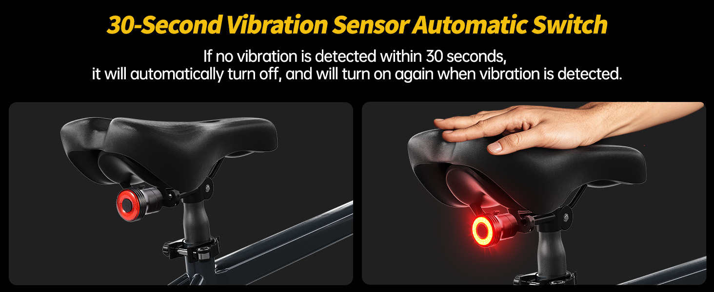 Bicycle seat with automatic vibration sensor light system, showing red LED light activation and 30-second automatic switch feature.